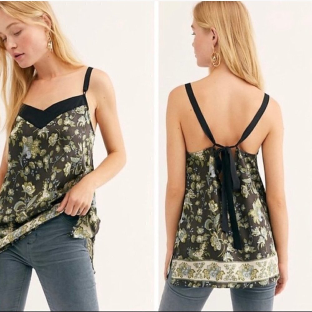NWOT Free People Black Solstice Floral Satin Tank Cami Sz XS JB